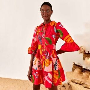 Farm Rio Mixed Fruits Ocean Mini Dress in Red Size Large